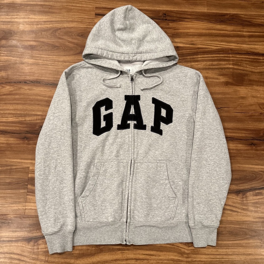 Gap Hoodie Mens Small Gray Full Zip Fleece Sweatshirt Big GAP Logo Graphic
